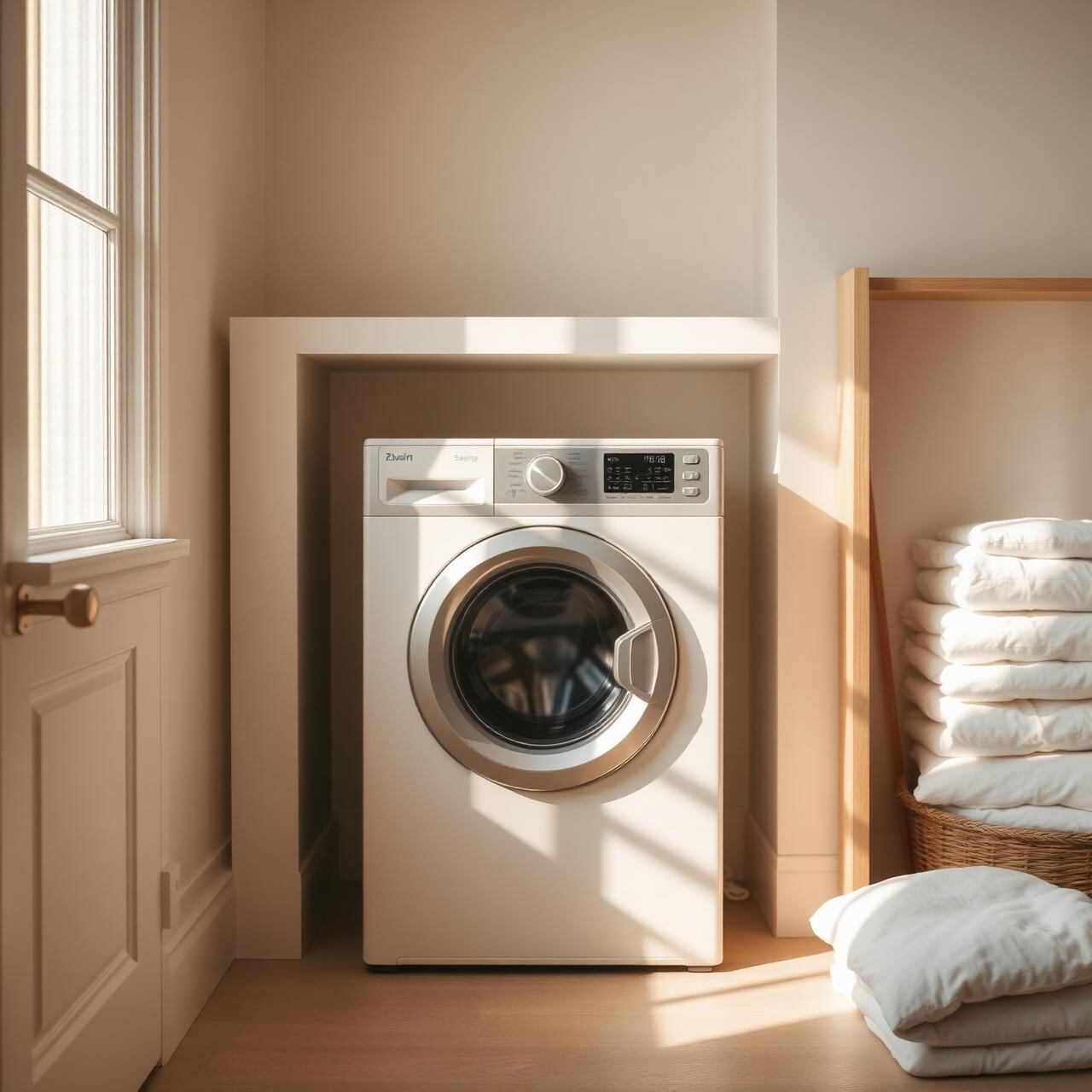 Modern washing machine in a sunlit laundry room